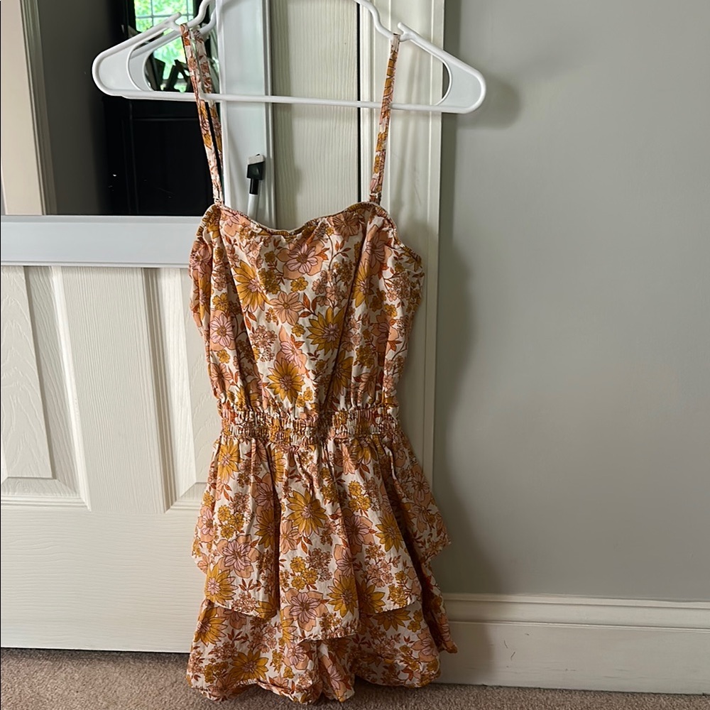 Floral Ruffle Romper with Spaghetti Straps and open tie back from American Eagle